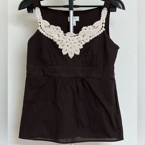 LOFT Black Tank with Cream Crochet V-Neck